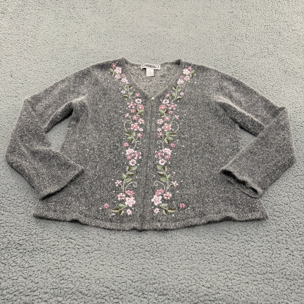 Dress Barn Cardigan Sweater Gray Silk Angora Blend Floral Embroidered Zip Up M